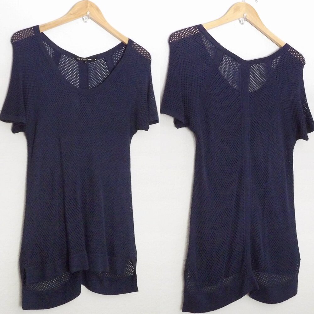 Rag & Bone Jean Sheer Mesh Knit Short Sleeves Top S Navy Blue See Thru Stretchy